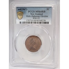 NEW ZEALAND 1967 . TWO 2 CENTS COIN . ERROR . MULE . BAHAMAS OBVERSE